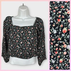 American Eagle Black Pink Floral Ballon Sleeve Tie Open Back Cropped Blouse XS